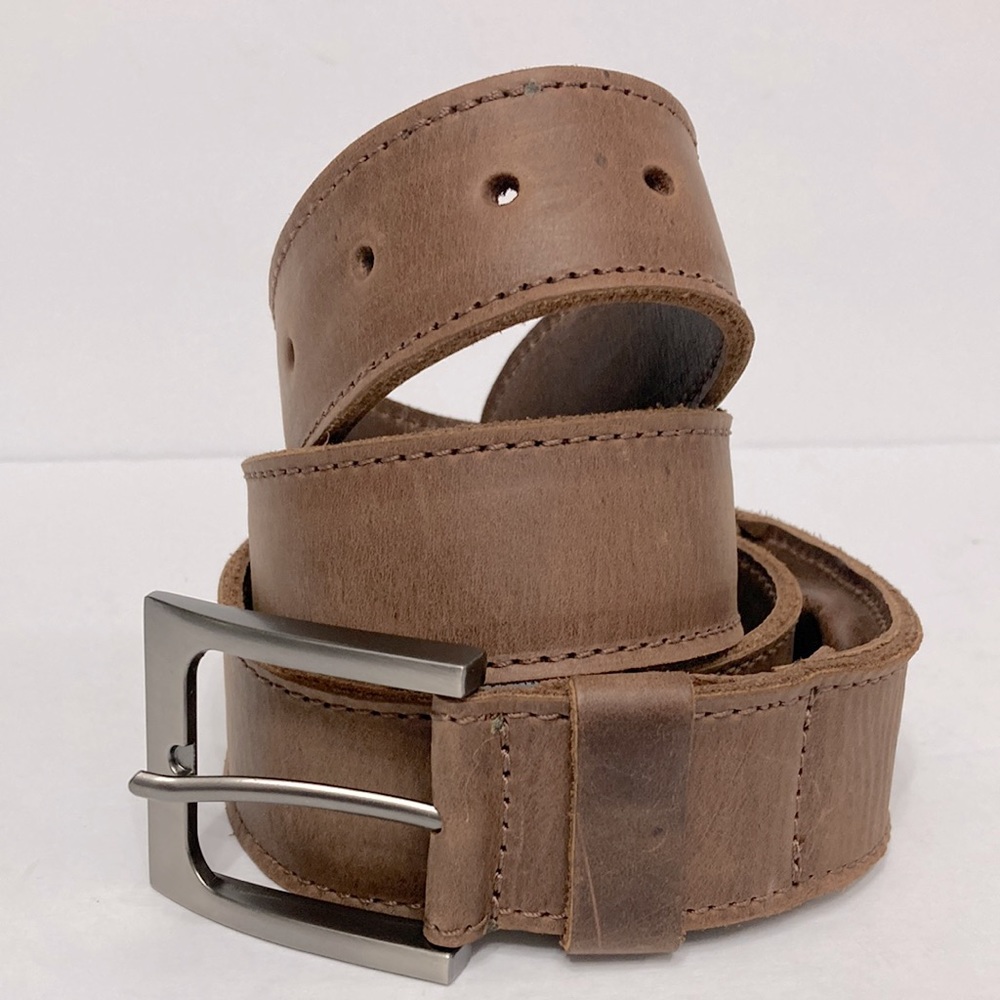 Men's Brown Leather Belt with Brushed Metal Buckle